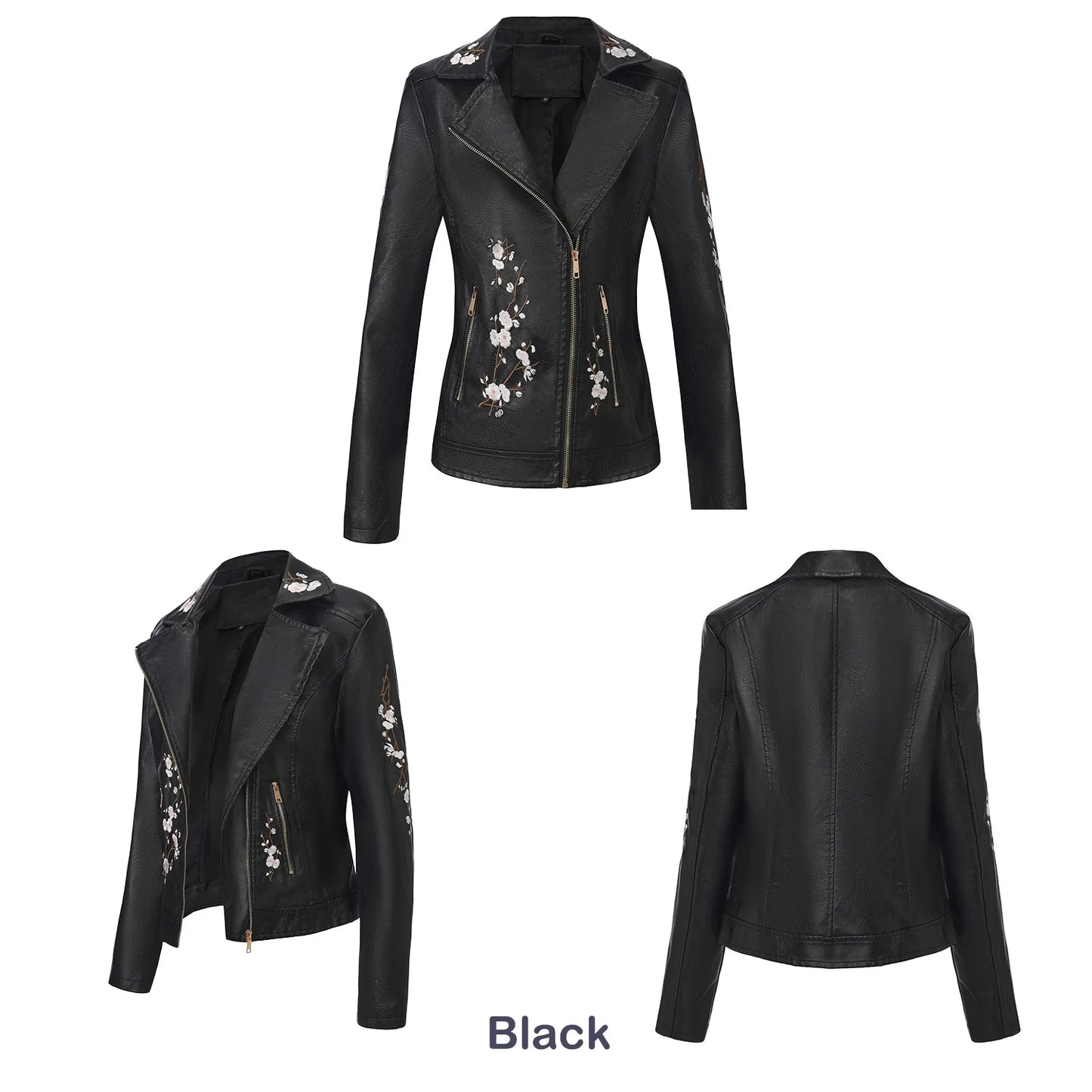 2026 New Women's Black Embroidered PU Jacket, Street-Style Brown Faux Leather Coat, Fashionable Beige Long Sleeves Top.