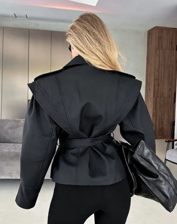 Women Black Lapel Collar Faux Pu Leather Jacket Fashion Full Zip Belted Waist-cinching Cropped Coat 2026 Autumn Daily Outerwear