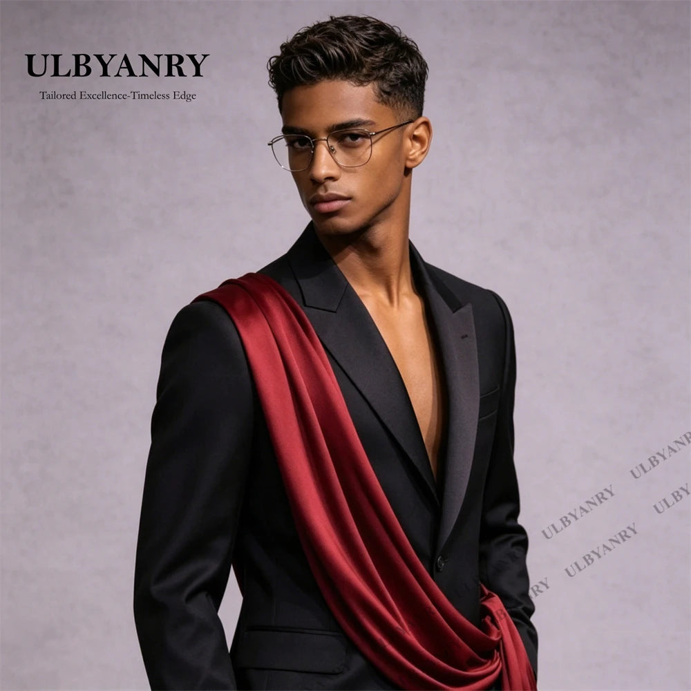 ULBYANRY Customized Satin Ribbon  Men's Black Suit Set, Jacket Pants Formal Events Suit, XXS-7XL Plus Size Tall Big Man Suits