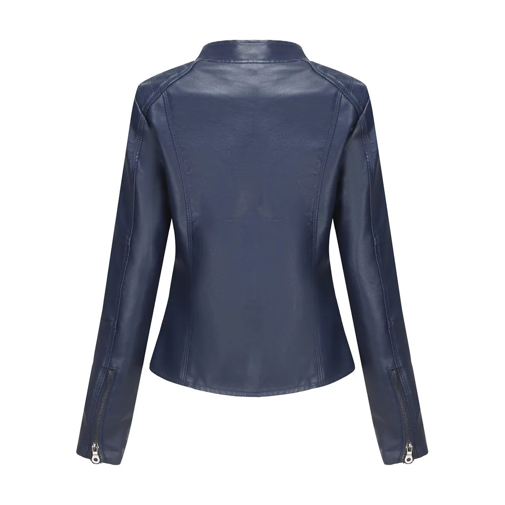 Women's Leather Jacket Women's Slim-Fit Jacket Thin Autumn Jacket Women's Biker Jacket Large Size Standing Collar Leather Jacket