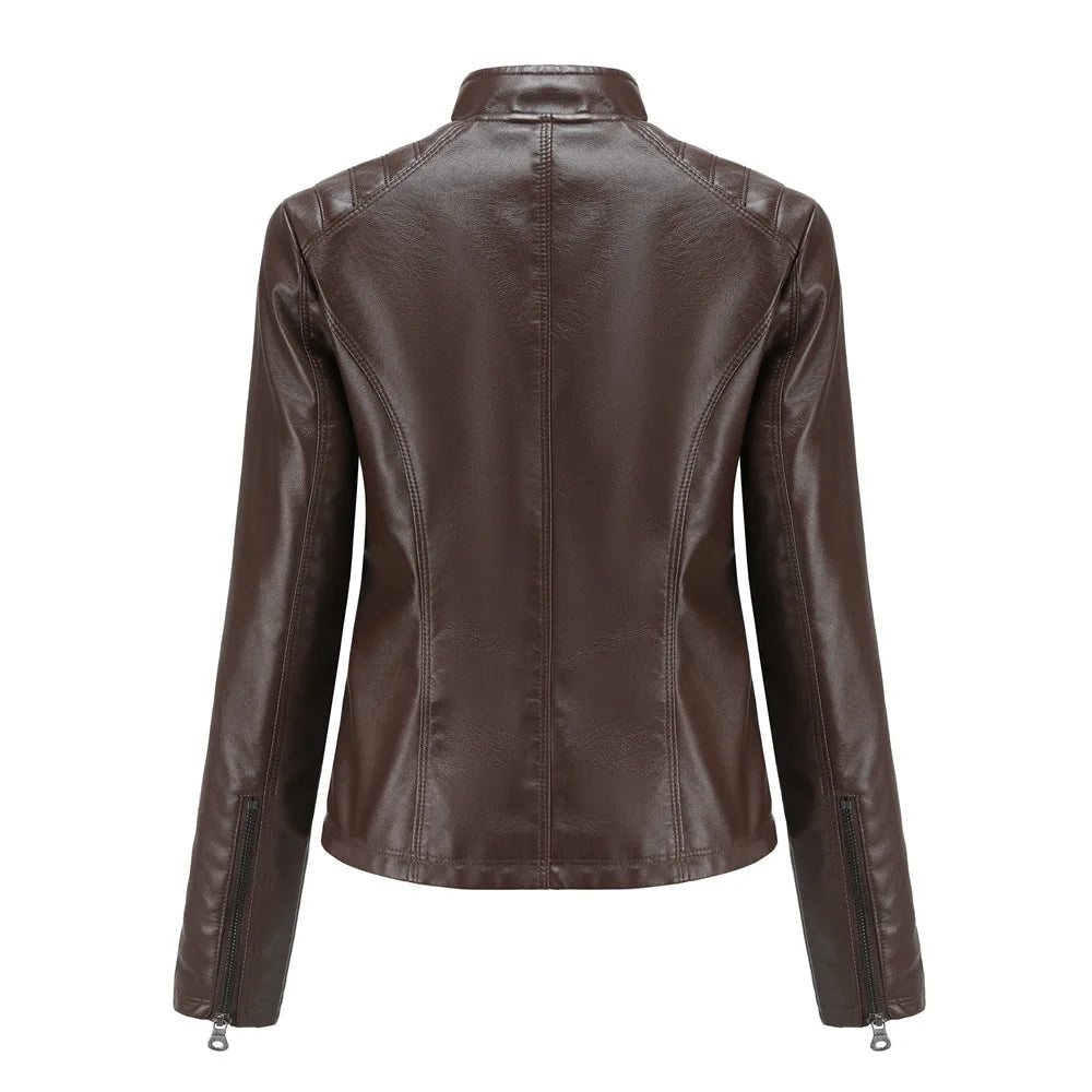 Ladies casual stand-up collar jacket Slim models women's spring and autumn solid color women's leather jacket