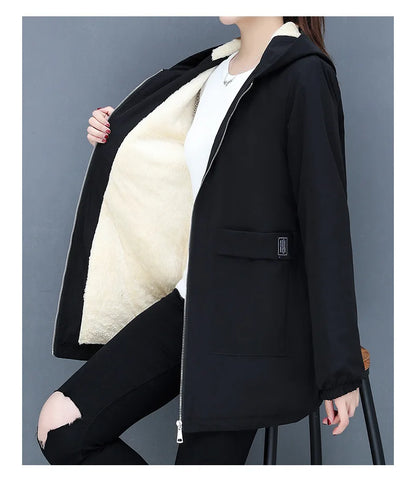 2023 Autumn Winter New Thick Warm Lamb Wool Cotton-padded Coat Women's Mid-length All-fit Loose Hooded Female Blouse