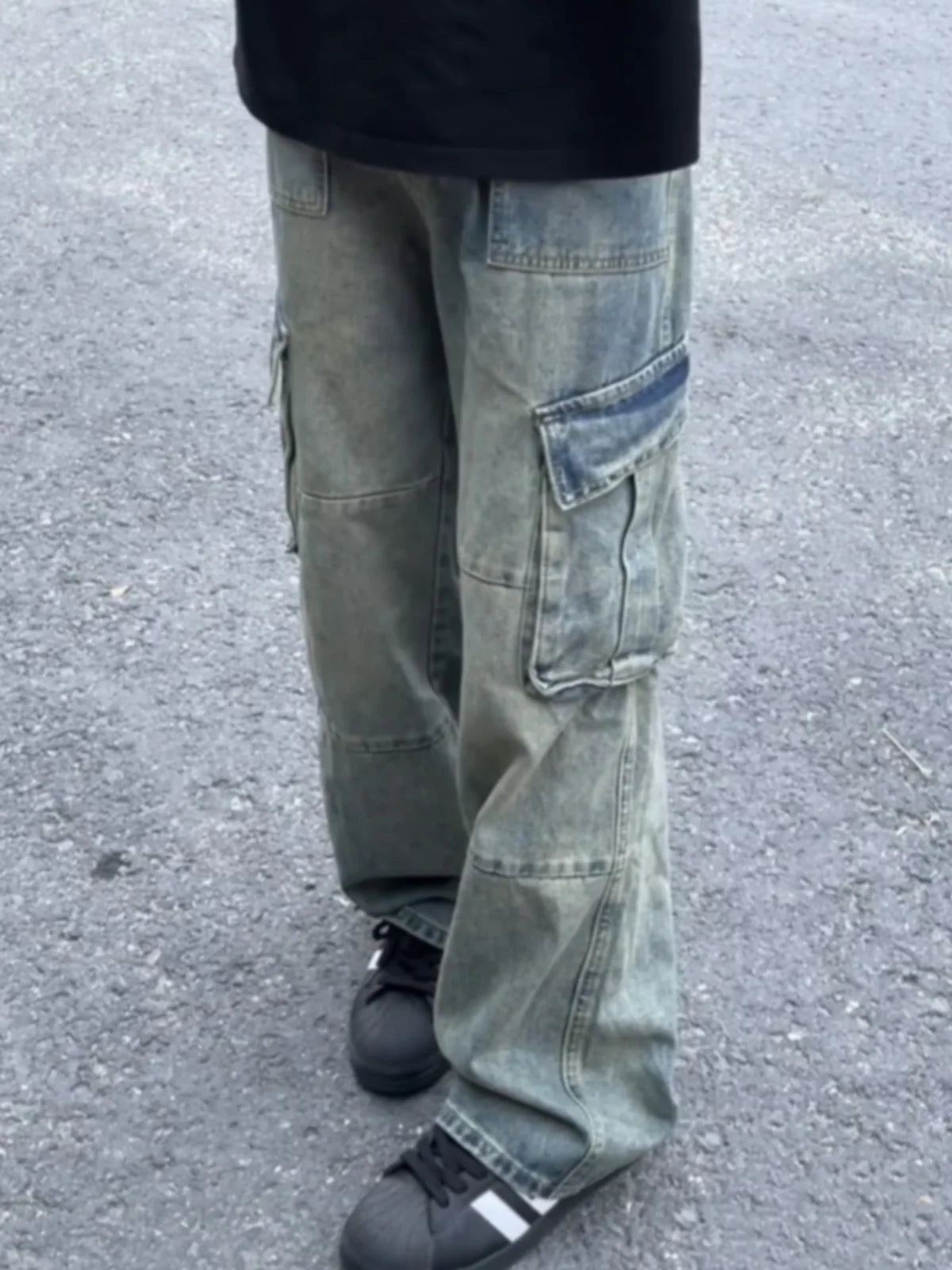 Retro American Washed Multi-Pocket Workwear Flared Jeans Men's Straight Loose Wide Leg Long Pants Cotton Polyester Blend