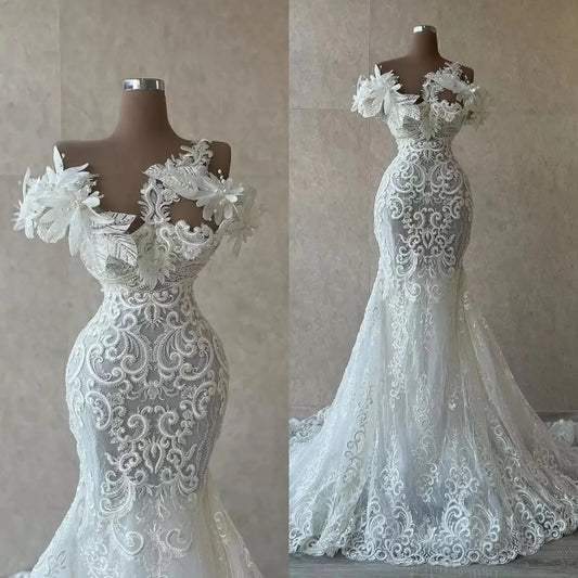 Gorgeous Mermaid Beach Wedding Dresses Bridal Gowns 3D Flower Pearls Lace Appliqued Sheer Neck Custom Made Vestido De Novia