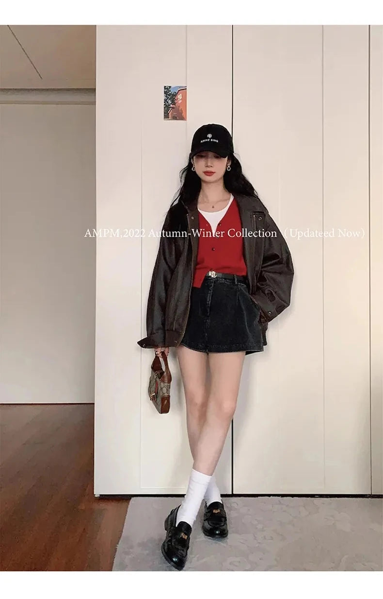 Lautaro Autumn Cool Brown Oversized Leather Jacket Women Drop Shoulder Long Sleeve Zippper High Quality American Retro Clothing