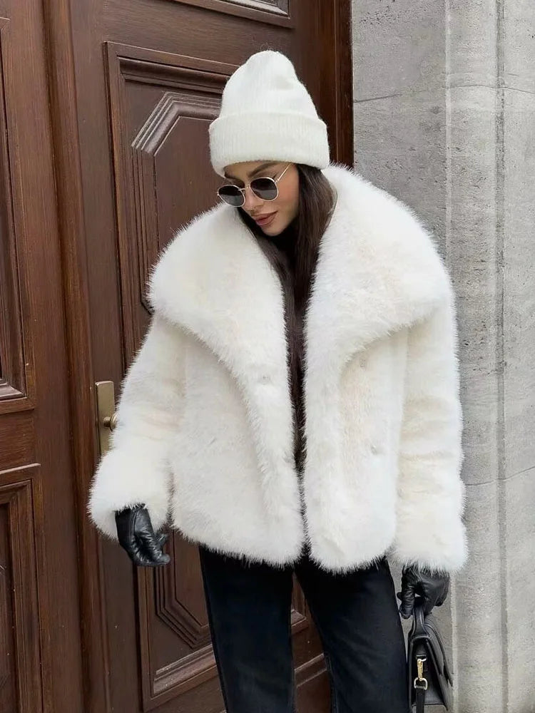 HH 2025 Winter Coats For Women New Artificial Fur Effect Loose Cropped Coat Female Versatile Streetwear Women's Cardigan