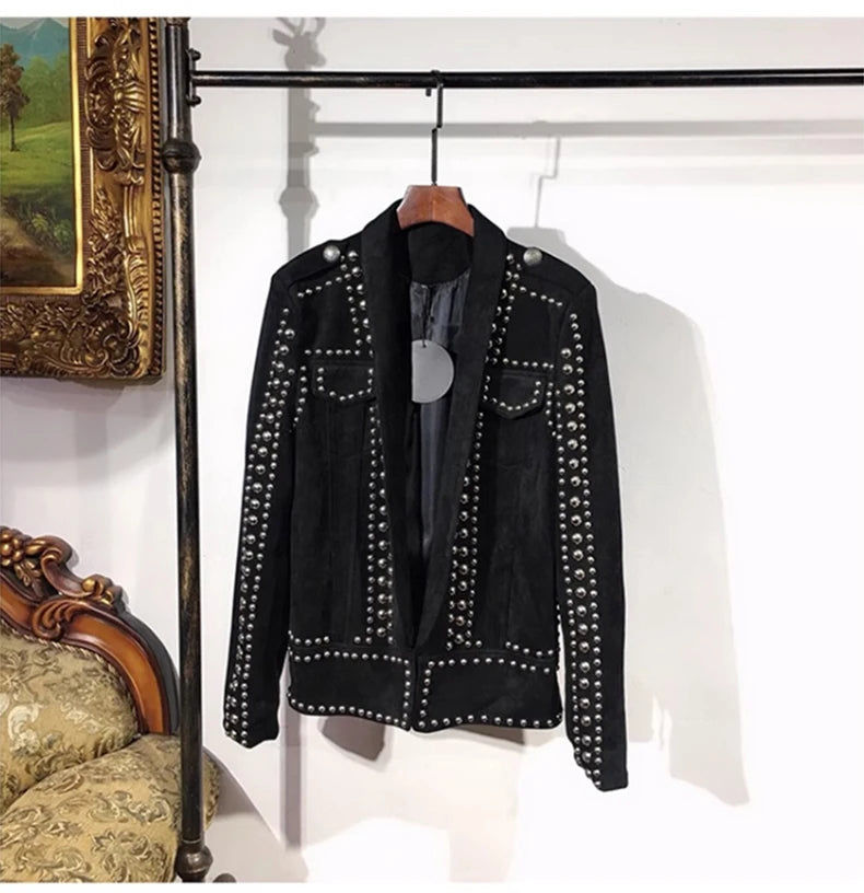 Mauroicardi Spring Autumn Cool Studded Short Black Faux Suede Leather Jacket Men Luxury Designer Emo Night Club Wear Clothes