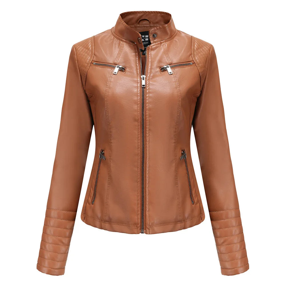 2026 Women's Bright Red V-neck Leather Jacket, Fashion Slim PU Coat, Black Short Outerwear Asia Size XS S M L XL XXL
