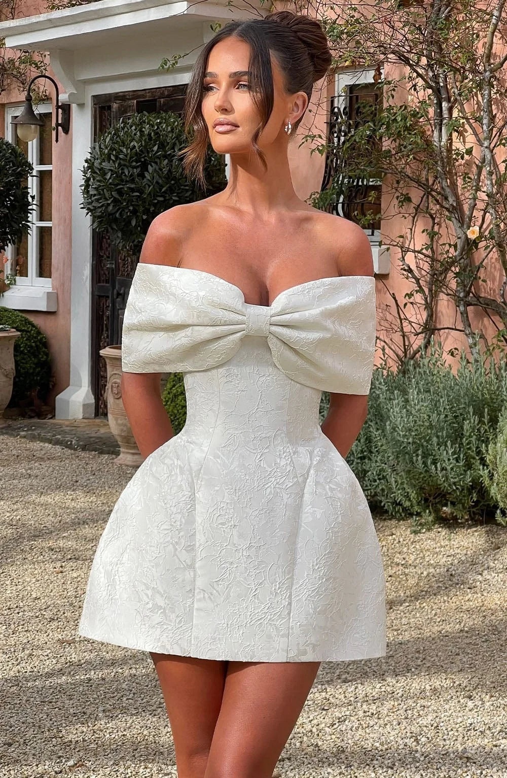 Pink Big Bow Jacquard Prom Dress Off Shoulder Women Formal Evening Gowns Fitted Mini Skirt For Wedding Cocktail Party