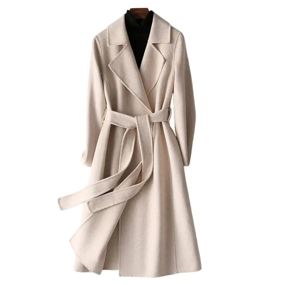 Women Wool Coat Womens Long Wool Peacoat with Belt Notched Lapel Overcoat Warm Fall Winter Trench Coat for Weather Polyester