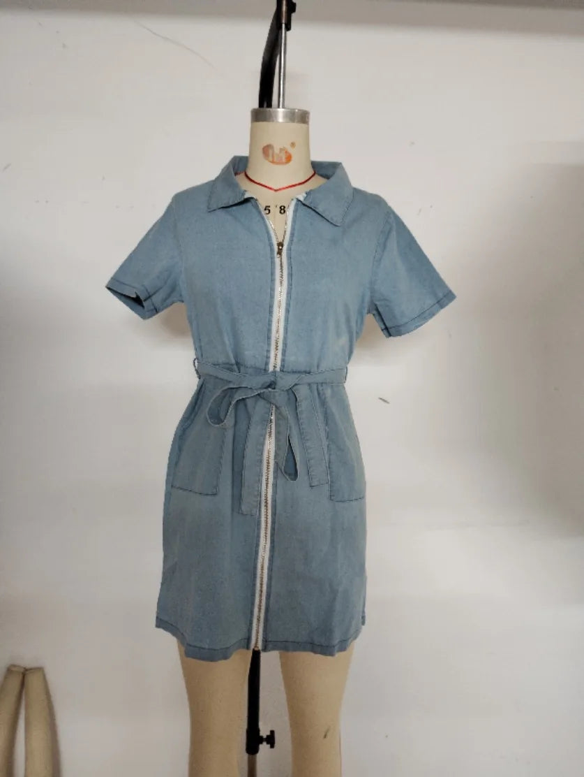 Denim Dresses Women Mini Dress Vintage Turn Down Collar Lace Up Zipper Pockets Distressed Summer Vestidos Streetwear 2025