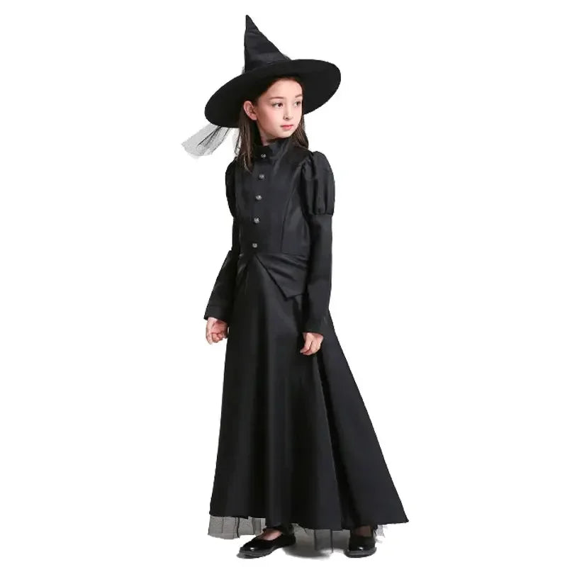 Halloween Wizard Cosplay Costume Kids Adult Halloween Women Deluxe Wicked Witch Costume Black Full Length Dress