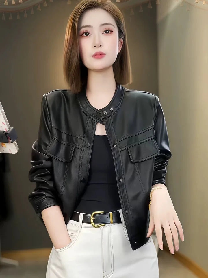 Fashionable Short PU Leather Jacket Women's Loose Slimming Biker Style Spring Autumn New Arrival Korean Version Casual Coat