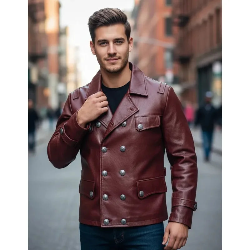 Mens English Gothic Black Leather Trench Coat Military Officer Classic