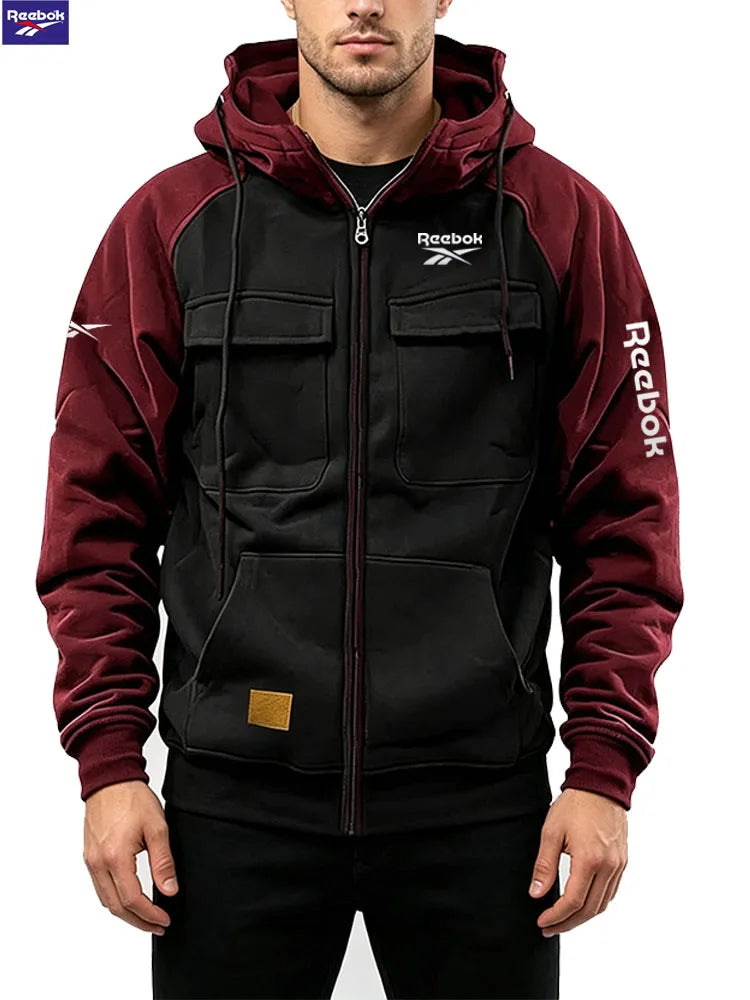 2026 Reebok New Autumn-Winter Men's Hooded Patchwork Casual Sweatshirt, Loose-Fit Fashionable Youth Multi-Pocket Padded Hoodie