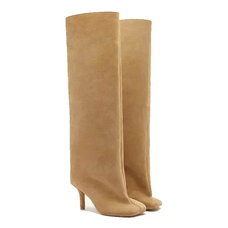 2025Women's Autumn and Winter New Slim Fit High Heels Knee High Boots Fashionable Plus Size Medium Long Boots Knight Boots