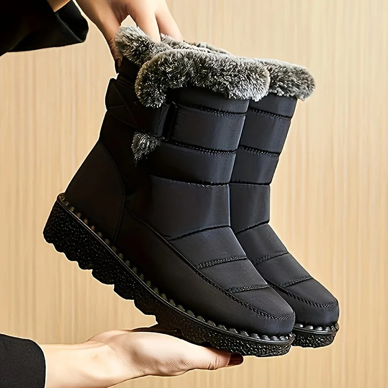 Women Winter Mid Calf Snow Boots Thick Plush Lined Warm Booties Magic Strap Waterproof Non Slip Flat Sole Thermal Shoes for Daily Walking Cold Weather Black Navy Wine Red Multi Colors Ladies Casual Winter Footwear