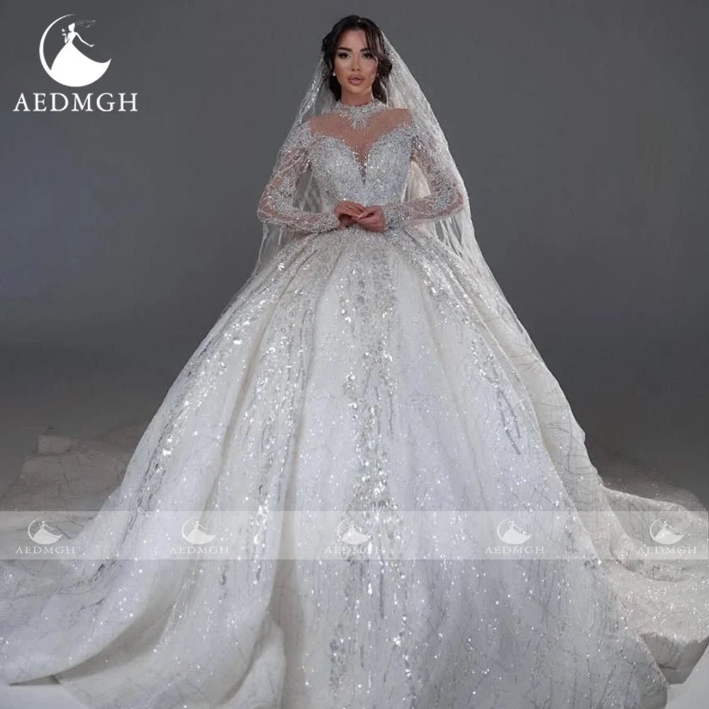 Aedmgh Ball Gown Luxury Wedding Dresses High Neck Long Sleeve Vestido De Novia Lace Sequined Princess Custom Made Bridal Gowns