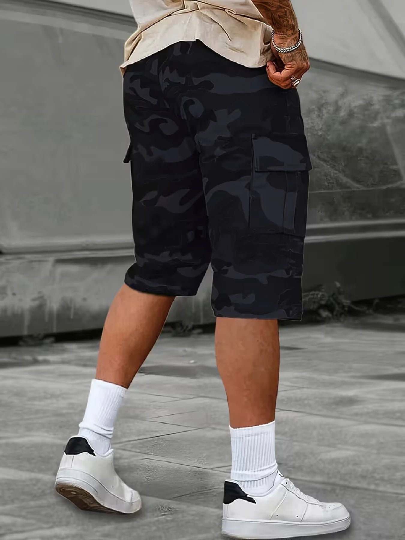 Men's Casual Cargo Shorts — All-Over Print, Non-Stretch Woven Fabric. Features a Dual Elastic Waistband and Drawstring Design; A