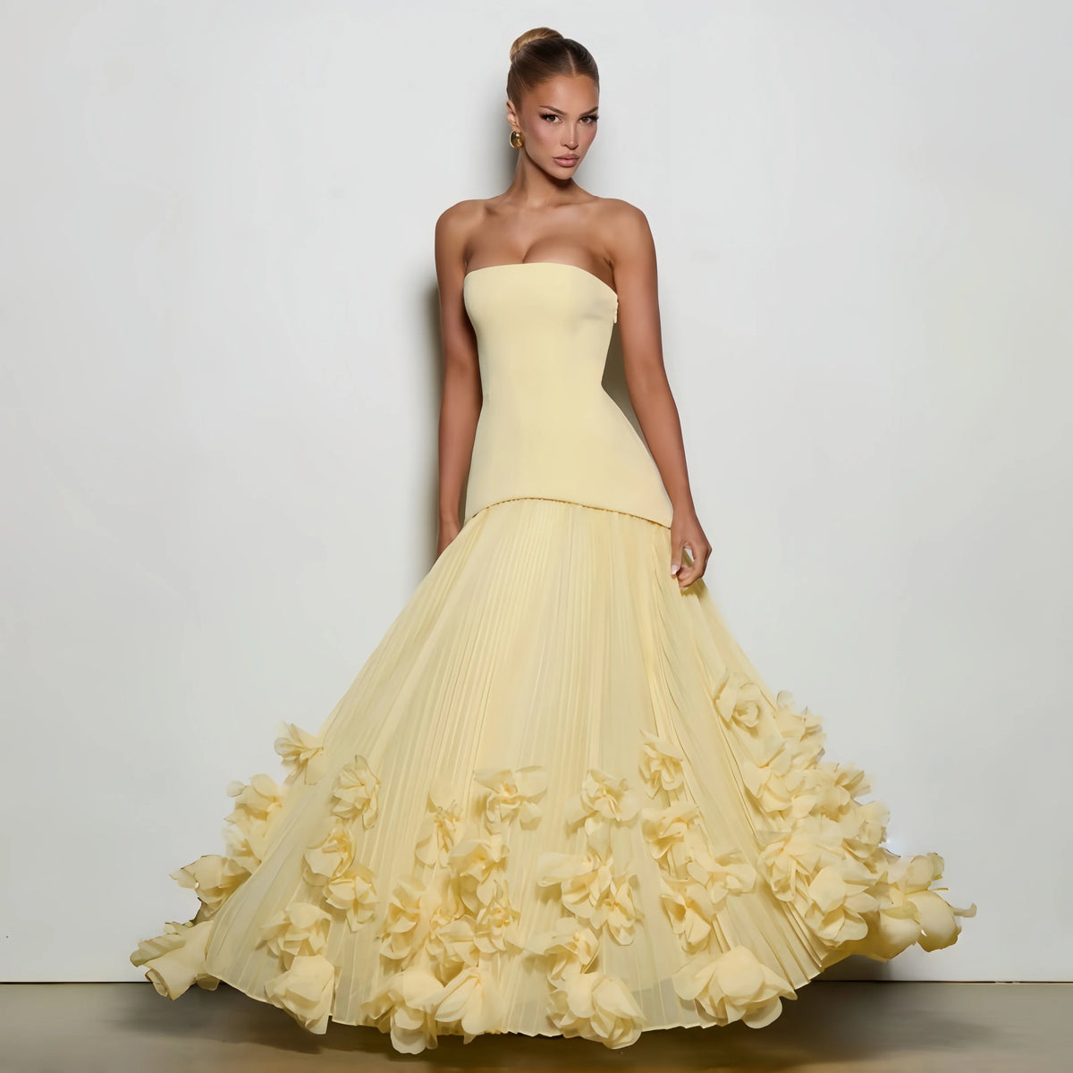 Sexy Lemon Strapless Corset Maxi Gown Sleeveless Corset Pleated Chiffon 3d Floral Hem Flowy Skirt Formal Evening Party Wear