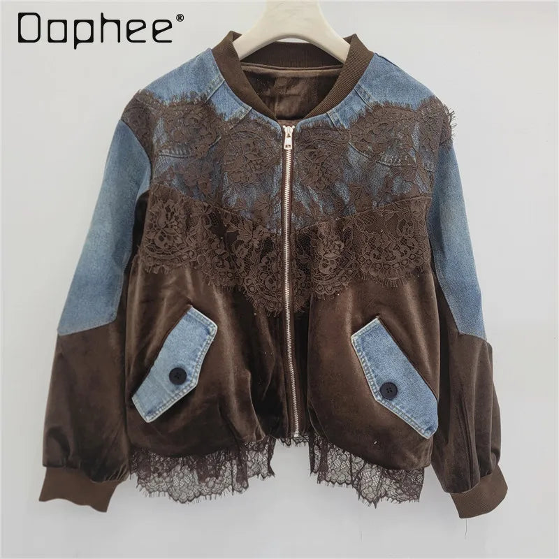 Spring New Fashion Stitched Lace Loose Velvet Denim Jacket Trendy Personality Street Casual Versatile Baseball Jackets Women