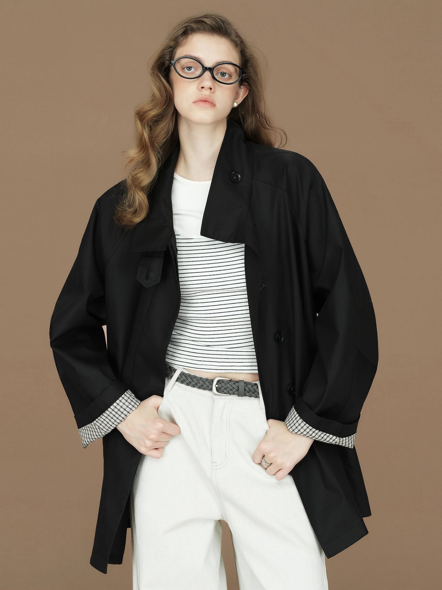 FSLE 2026 Womens British Trench Coat Contrast Cuff Stand Collar Heritage Workwear Style Pink Black Khaki Short Long Trench Coat