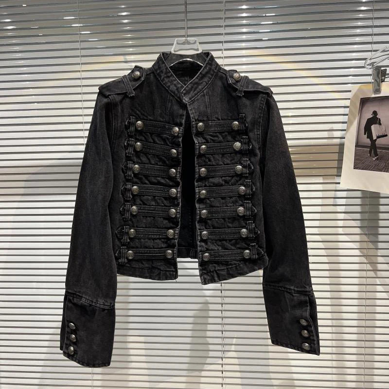 DEAT 2026 Autumn New Fashion Metal Buckle Design Shoulder Strap Denim Short Jacket For Women High Street Coat Female 11A06995