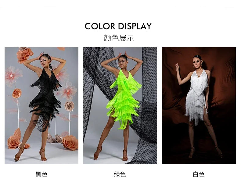 Women Backless Fringe Sexy Black Dress Cha Cha Rumba Samba Tango Dance Costume Prom Wear Latin Dance Copetition Dress