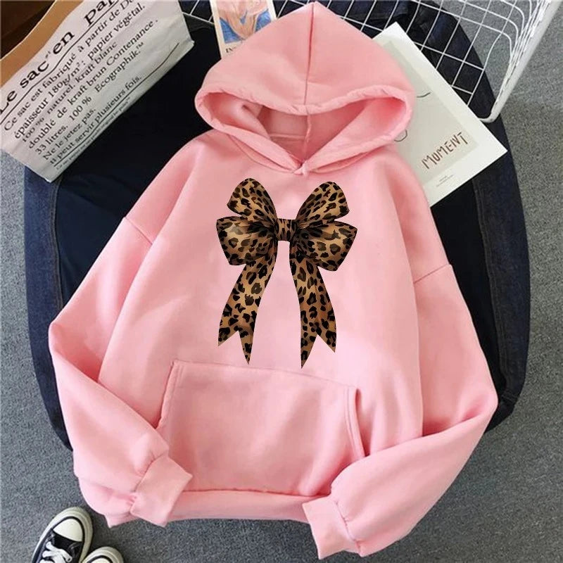 Bow Heart Love Leopard Print Hoodies Long Sleeve Funny Sweatshirts Streetwear Women's Casual Graphic Hooded Pullovers Clothes