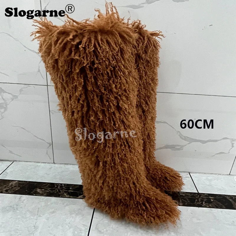 New Over The Knee Fur Boots Women Warm 72CM Long Faux Mongolian Fur Snow Boots Winter Luxury Fluffy Shoes Plush Platform Shoes