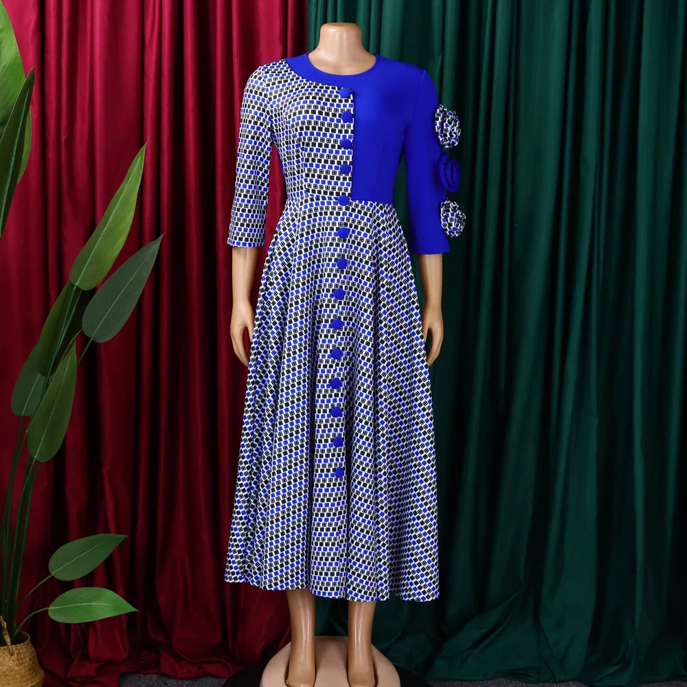 Elegant Dresses for Women 2025 Fall Fashion African 3/4 Sleeve Party Birthday New Robe Chic 3D Flower Plaid Evening A-Line Dress