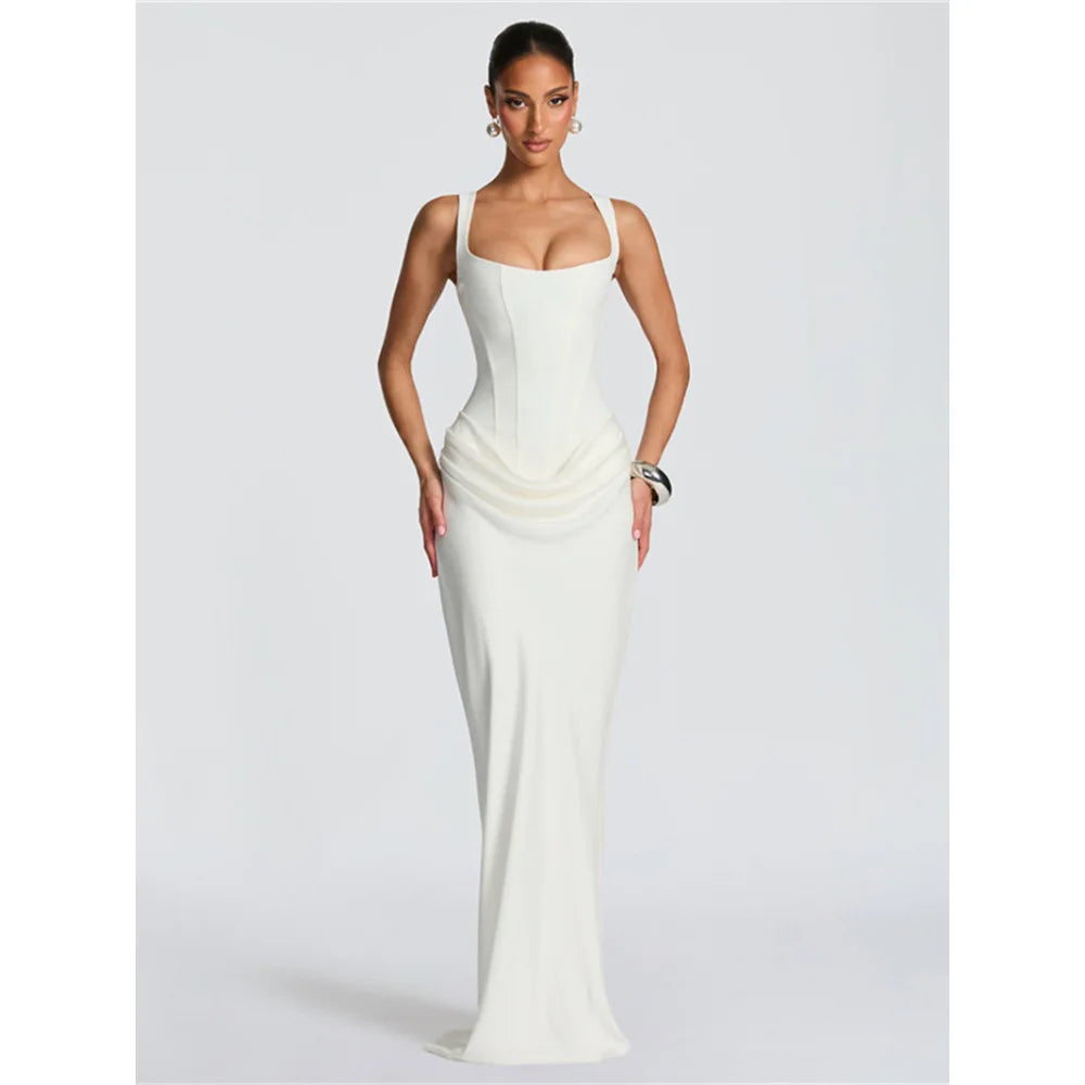 Ladies' formal square neck sleeveless waist cinching design with pleated fish tail long skirt for dinner party slimming dress