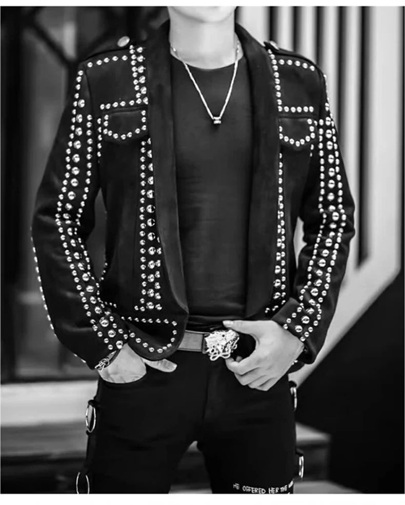Mauroicardi Spring Autumn Cool Studded Short Black Faux Suede Leather Jacket Men Luxury Designer Emo Night Club Wear Clothes