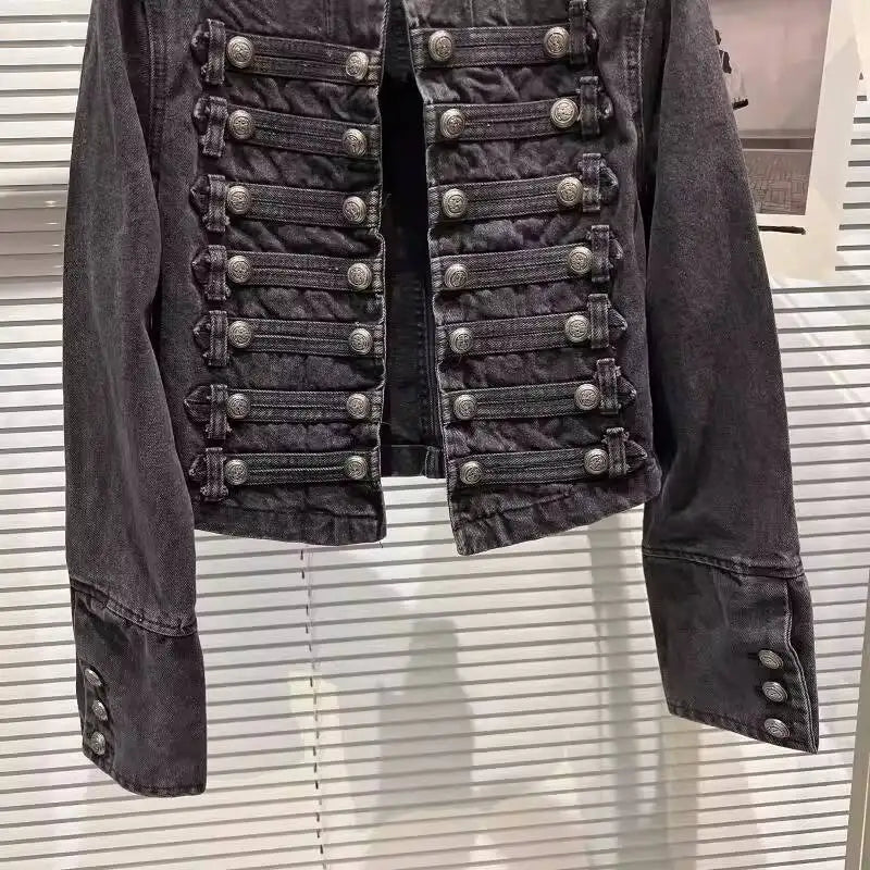 DEAT 2026 Autumn New Fashion Metal Buckle Design Shoulder Strap Denim Short Jacket For Women High Street Coat Female 11A06995