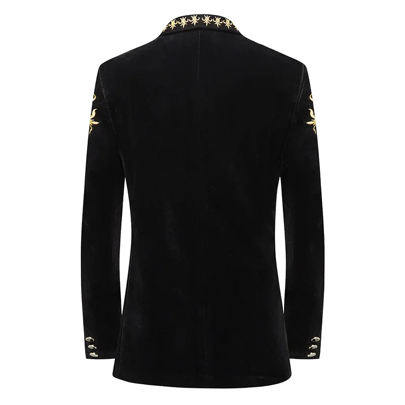 New Men High Quality Golden Velvet Embroidered Suit Slim Fit Jacket Fashion Homme Wedding Prom Party Luxury Dress Blazers