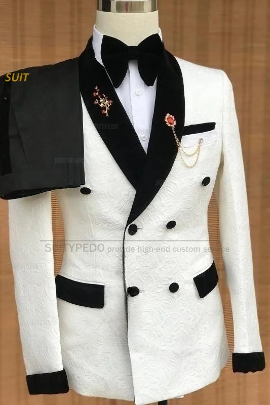 Luxury Jacquard Suit Sets For Men Wedding Banquet Grooms High Quality Outfits Classic Male Double Breasted Blazer Pants 2 Pcs
