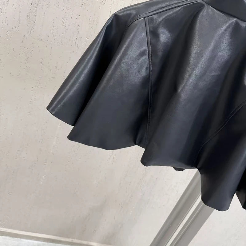 KUCLUT 2026 Autumn Stand Collar Cape With Ruffles Puffy PU Leather Jacket For Women Short Zipper Motorcycle Style Coat 1A4196