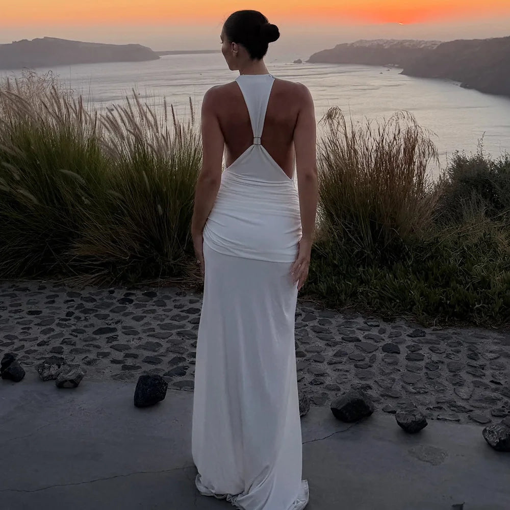 JULISSA MO Sexy Backless High Slit Ruched Women Maxi Dress Sleeveless Round Neck Dress Autumn Skinny Elegant Party Evening Dress