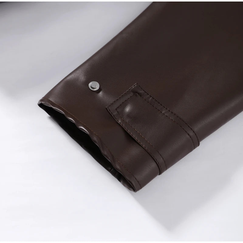 Belted Waist Stand Collar Women PU Jacket Drop Shoulder Long Sleeve Cuff Button Short Cropped Loose Faux Leather Jacket Commute