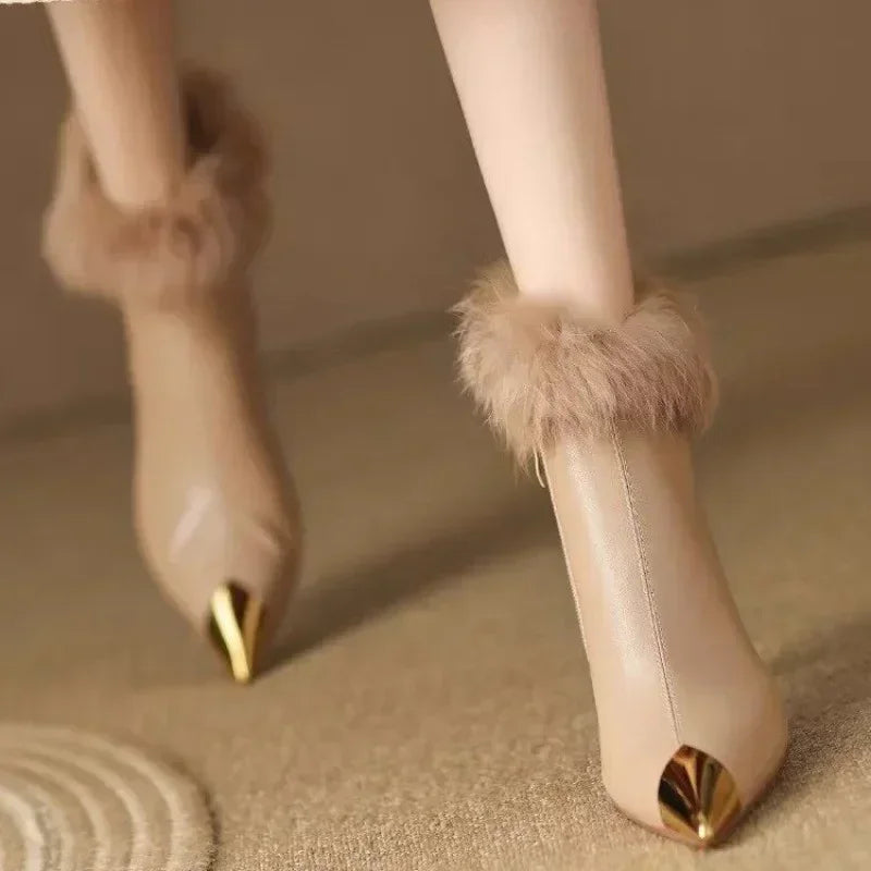 Women Sexy Plush High Heels Chelsea Ankle Boots Luxury Pointed Toe Zipper Shoes 2024 Winter Fashion Gladiator Pumps Botas