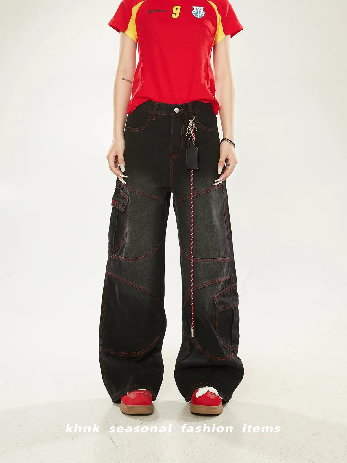 Washed Vintage American High Street Loose Women's Jeans with Patchwork And Stitching Design Casual Wide Leg Workwear Trousers