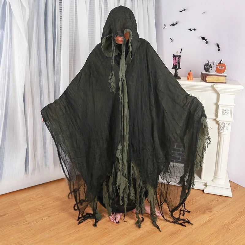Horror Grim Reaper Cosplay Set Fringed Worn Hooded Cloak Disassemble Skull Scythe Prop For Halloween Party Dress Up