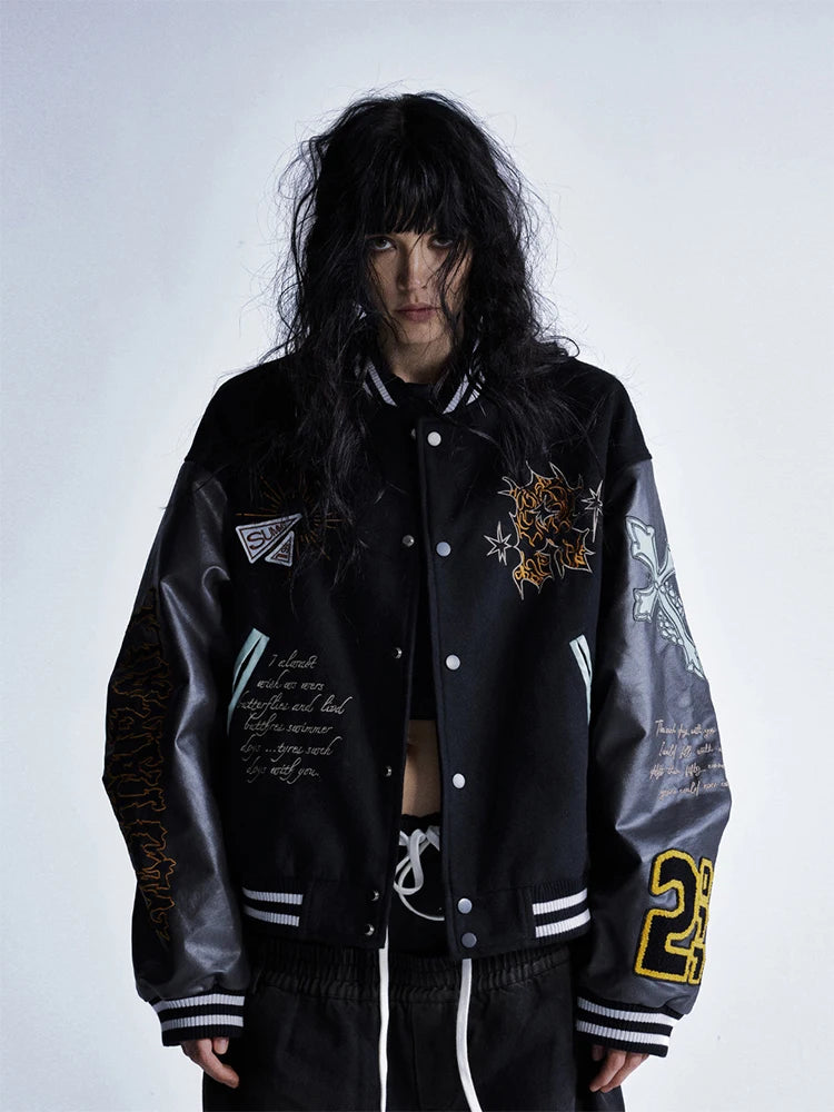 Women American Vintage Embroidered Baseball Jacket Faux Leather Sleeve Patchwork Bomber Coat Autumn Casual Streetwear Outerwear