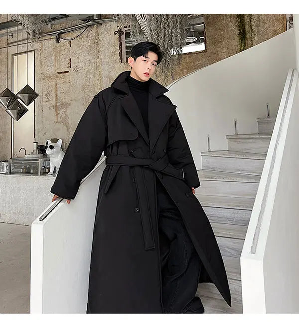 Winter Thickened Long Down Jacket Man's Belt Design Korean Warm Over The Knee Fashionable Long Sleeve Solid Color Cotton Coats