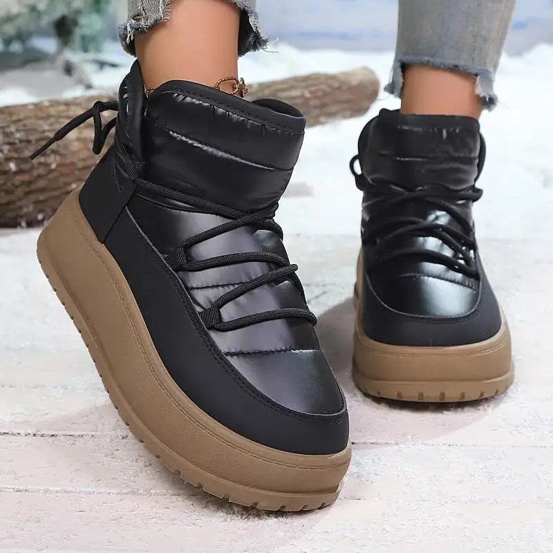 Comfort Platform Waterproof Snow Boots Women 2026 Winter Lace Up Decoration Thick Bottom Moon Boots Women Plush Short Booties