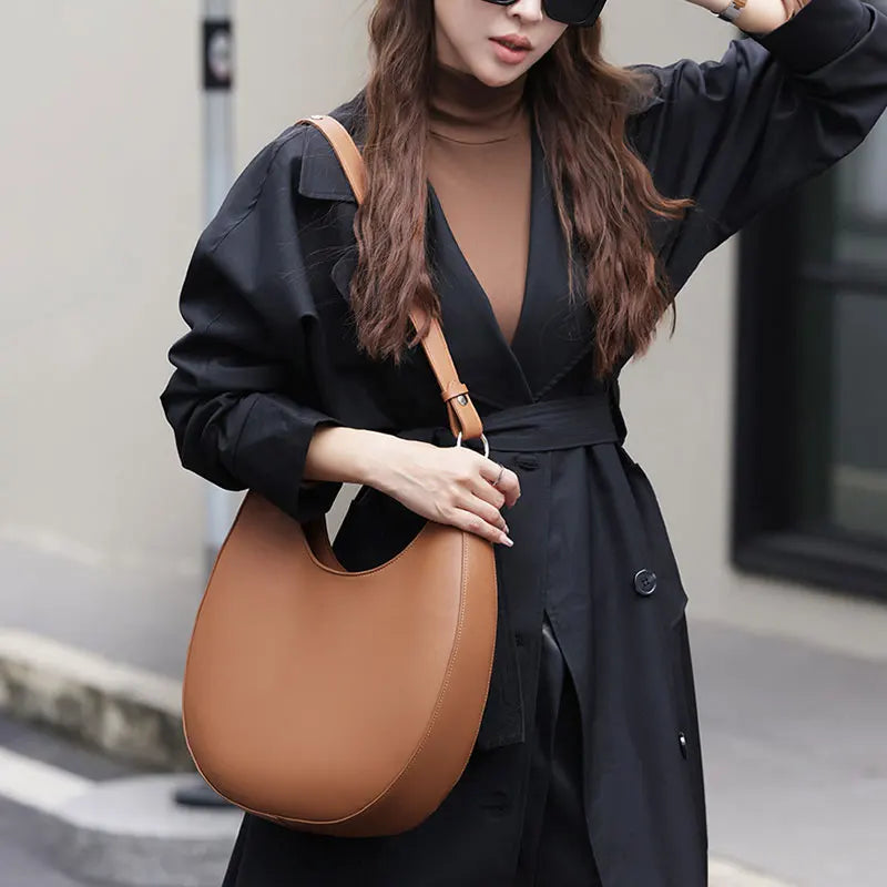 Genuine Leather Women Tote Bags Fashion Luxury Designer Women's Shoulder Bag Quality Cowhide Large Capacity Half Moon Handbags