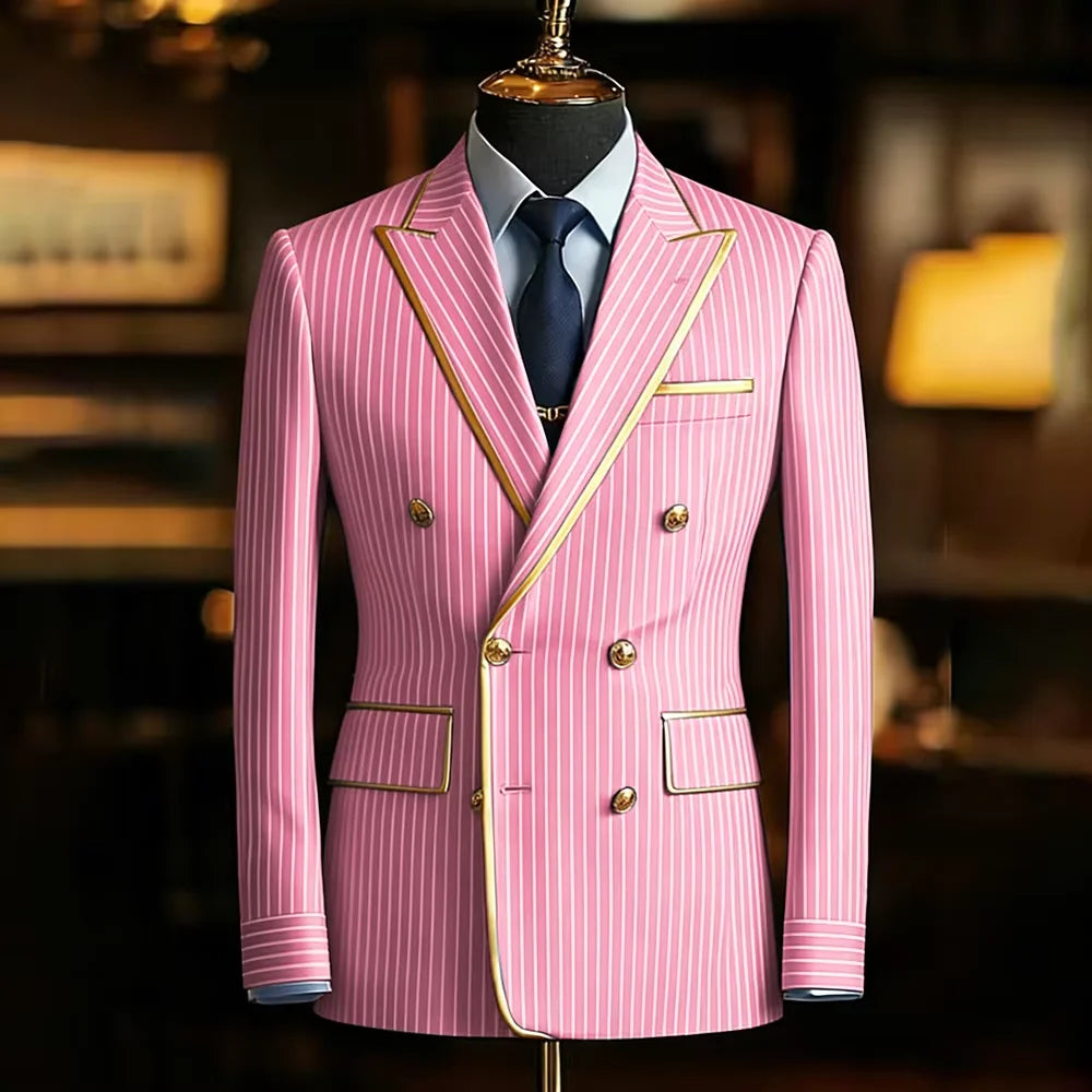 Men's Pinstripe Blazer Double Breasted Slim Fit Peaked Lapel With Gold Trim Formal Suit Jacket  For Groomsman Wedding Prom Hot