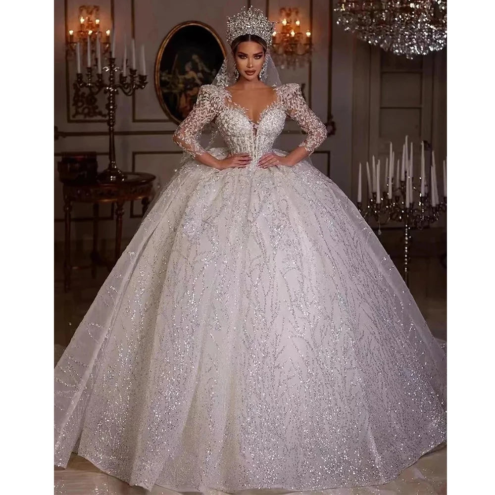 Luxury Women's Wedding Dresses Elegant V-Neck Long-Sleeve Lace Appliques A-Line Puffy Skirt Tulle Bridal Gowns Formal Customized
