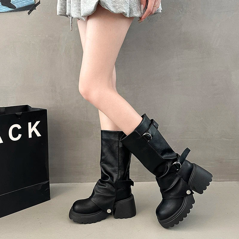 Shang Shi Black Thick High-heeled Thick Soled Boots for Women, 2026 New Winter Versatile Women's Zipper Slimming Pants Leg Boots