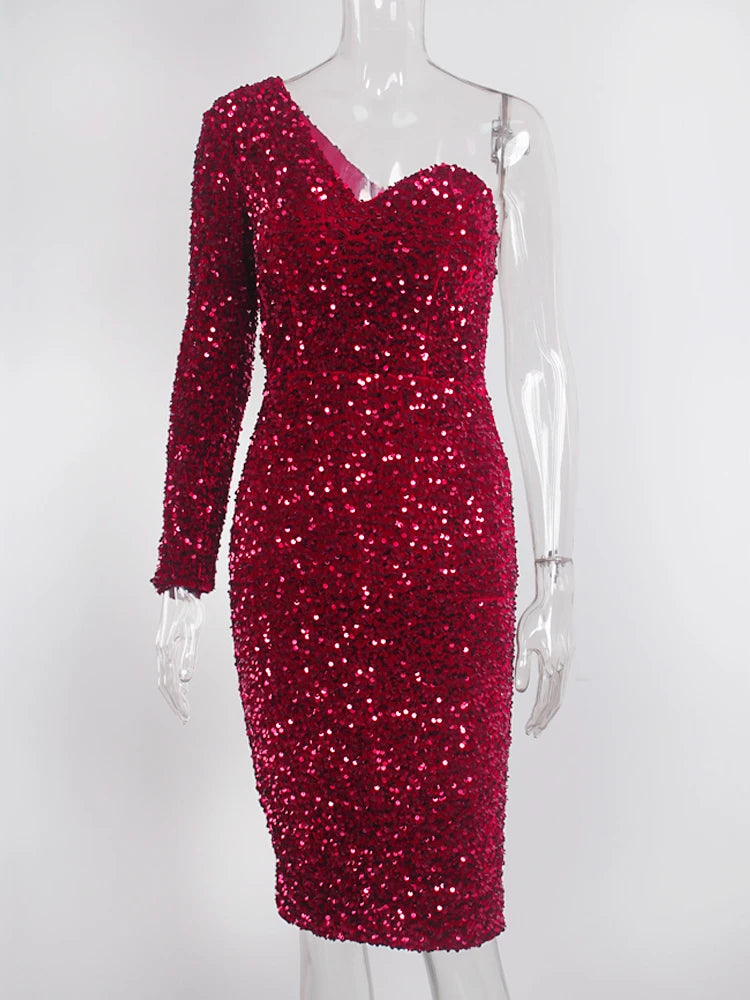 Black Stretch Sparkles Sequined One Sleeve Bodycon Party Dress Padded Knee Length Sexy Night Club Midi Dress Burgundy